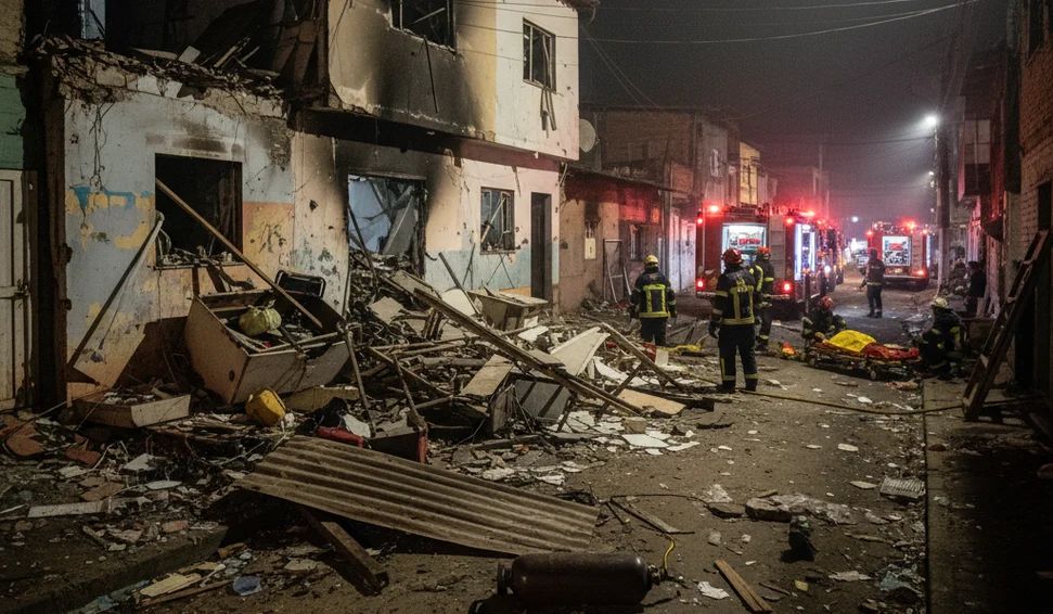 Escombros e destruição total após forte explosão em área residencial; Defesa Civil monitora estruturas vizinhas. (Foto: Divulgação/Corpo de Bombeiros SP)