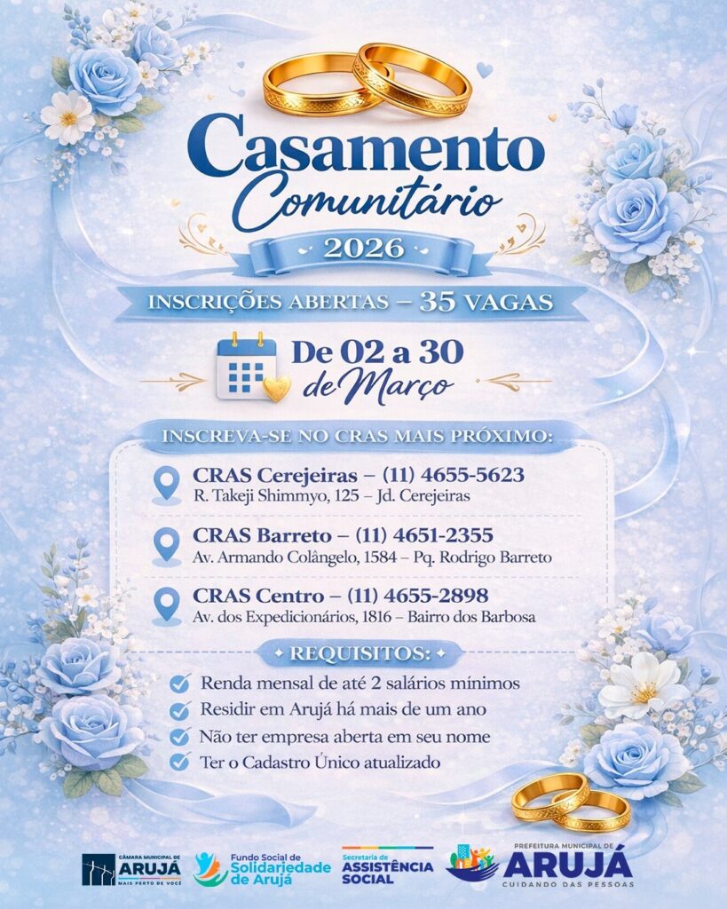 Iniciativa do Fundo Social visa realizar o sonho do matrimônio para famílias de baixa renda em Arujá. (Foto: Reprodução/Prefeitura de Arujá)