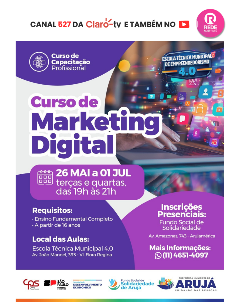 Arujá abre inscrições para cursos gratuitos de Marketing Digital e Controlador de Acesso